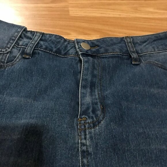 Allegra Denim Midi Skirt Size Large With Frayed Hem & Snap Button Detail - Picture 2 of 14